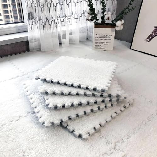 Tappeto ad Incastro, 36 Pezzi di Tappetino in Schiuma di Peluche a Forma di Puzzle, tappeti Quadrati Morbidi e Spessi, per la Decorazione della Camera da Letto del Salotto (Bianco, 30 * 30 *