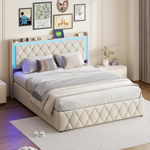 MOTUZP Cama Tapizada 160x200 con Canapé Abatible, Cama Doble Estilo Sofá con Cabecero Iluminado y USB, Somier de Láminas, Terciopelo Beige, Sin Colchón