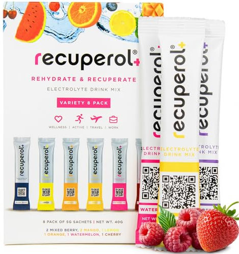 Recuperol - Hydration Drink, Variety 8 Pack - 6 Natural Flavours - Rehydration & Recovery Electrolytes - with Zinc, Vitamin C, B12, D3 & Potassium - Vegan, Sugar Free & Low Calorie