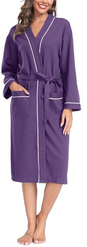 Vlazom Waffle Dressing Gowns Unisex Kimono Robe Cotton Lightweight Bathrobe for All Seasons Spa Hotel Sleepwear, Dusky Purple, L