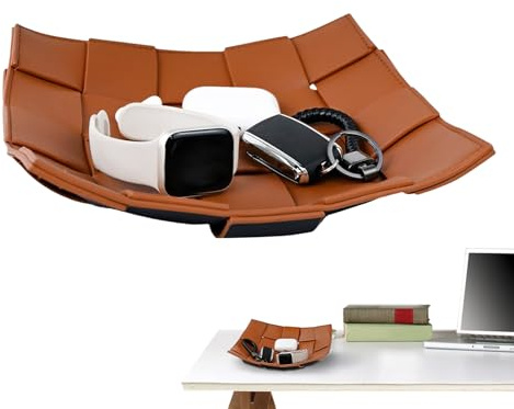 Bandeja para llaves – Bandeja de piel sintética para mesa de entrada, organizador para joyas y cosméticos, cesta trenzada decorativa para escritorio, mesita de noche, dormitorio y tocador