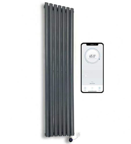 Greened House WiFi Smart Electric Radiator Oval Tube Single Panel Vertical Tall Column Radiator 7 Day Programmable Timer App Compatibility (Anthracite, 1800 x 480)