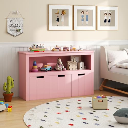 RELAX4LIFE Mobiletto Portagiochi per Bambini, Scaffale Libreria in Legno, Contenitore con 3 Cassetti per Cameretta e Stanza dei Giochi, 101 x 33 x 62 cm (Rosa)
