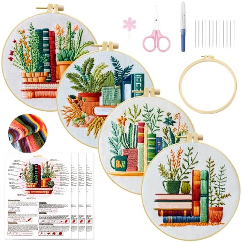 GD HUA 4 Stück Blumen Sticken Set Erwachsene, DIY Stick Craft Set mit Musterstoff, Stickrahmen, Faden & Nadeln, Stickset für Erwachsene Anfänger, Bedienungsanleitung Enthalten
