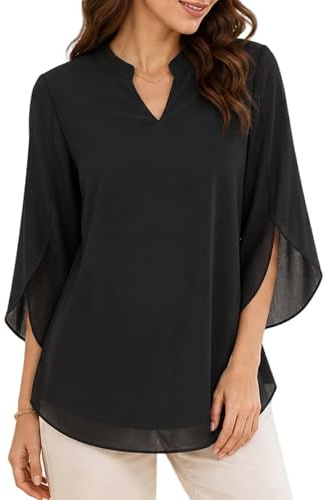 Supcomsta Chiffon Blouse for Women UK,Ruffle 3/4 Split Sleeve Ladies Blouses,Double Layer Lined Anti-Sheer V Neck Chiffon Top,Loose Flowy Summer Tops