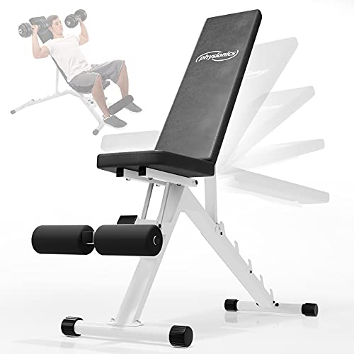 Physionics® Multifunktion Hantelbank - Rückenlehne 5-fach verstellbar, klappbar, Beinhalterung, bis 200kg belastbar- Schrägbank, Flachbank, Trainingsbank, Fitnessbank für Zuhause, Bauchtrainer