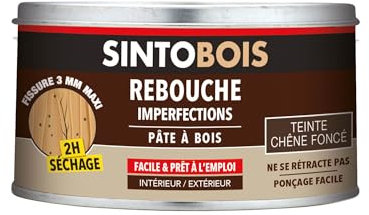 SINTOBOIS - Rebouche Petits Trous - Pâte à Bois - Prêt à l'Emploi - Sec en 2h - Formule Solvantée - Intérieur et Extérieur - Ne se Rétracte pas - Chêne Foncé - Technique Professionnelle - 250 g