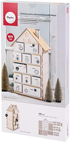 Rayher Träbyggsats Julkalender Adventskalender Hus, Natur, 25,5 x 17,5 x 45,5 cm, Set 185 Delar, FSC Mix Credit, Adventskalender för Fyllning, 62910505