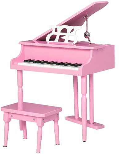 HOMCOM Piano a Coda per Bambini in Legno Piano per Bambini Tastiera di Pianoforte 30 Tasti - Sgabello e leggio inclusi - Strumento Musicale - MDF Rosa