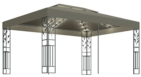 vidaXL Tonnelle avec Double Toit et Lumières LED Belvédère de Jardin Pavillon d'Extérieur Tente de Réception Chapiteau Barbecue 3x4 m Taupe