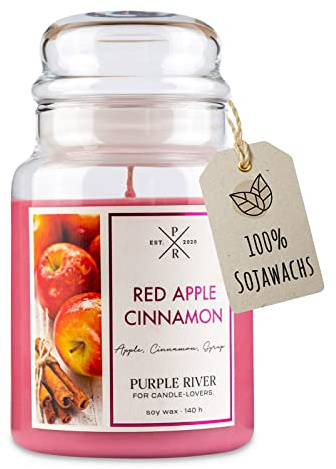 Purple River Große Duftkerze im Glas mit Deckel | Red Apple Cinnamon | Duftkerze Apfel-Zimt | Kerzen lange Brenndauer | Sojawachskerze | Raumduft für Zuhause