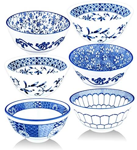 Kithing Ceramic Rice Bowls,10 Ounces Small Salad,Soup， Ice Cream Snack Dip Bowl Set of 6,Blue and White ，Home Tableware (4.5in)