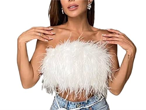 Tops De Plumas para Mujer, Top Corto De Piel Sintética Sin Tirantes Top De Tubo Sin Espalda Sin Mangas Chaleco Bandeau Ajustado Esponjoso Tanque (Color : White, Size : S)