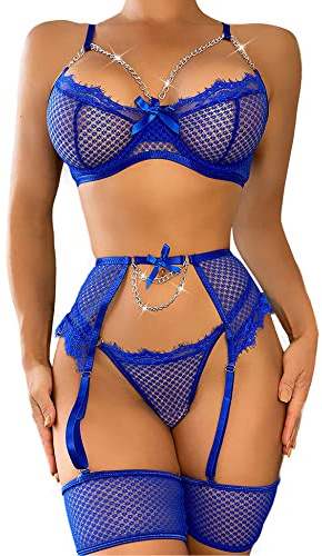 Aranmei Conjunto de lencería para mujer con puños en el muslo, conjunto de lencería sexy para mujer, conjunto de lencería traviesa de 4 piezas con liguero, azul real, M
