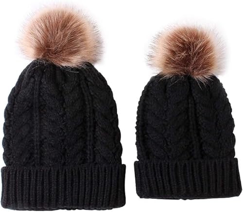 JEHANOIRY 2PCS Parent-Child Hat, Mother & Baby Daughter/Son Winter Warm Knit Hat Family Crochet Beanie Cap with Pom Pom Black