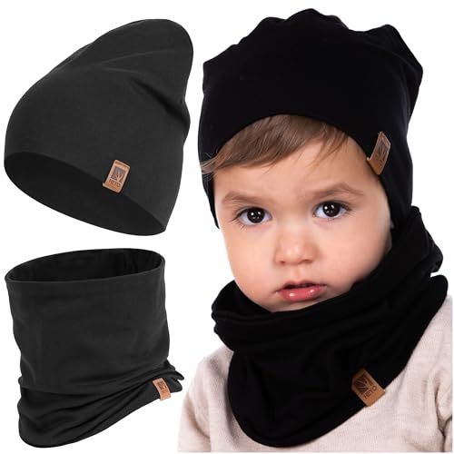 HEYO Kinder Set Beanie Mütze Schlauchschal Baumwolle Rundschal weich Mädchen Jungen Herbst Frühling Frühlingsset Herbstset (Schwarz)