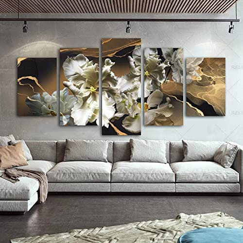 Impression Sur Toile Intissee Peinture À L'Huile Abstraite Florale Dorée 5 Parties Tableau Tableaux Decoration Murale Photo Image Artistique Photographie Graphique (L/Avec Cadre 150 X 80 C -0T6H+L1B