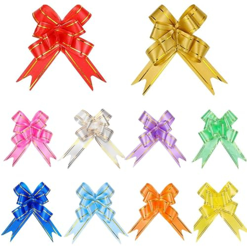 50 Stück Geschenk Schleife, 10 Farben Ziehschleife, Geschenkschleife zum Basteln und Verpacken, Bunt Pull Bögen, Dekoschleifen für Geschenke Tüten Hochzeit Geburtstag Weihnachten, pull bow gift bow