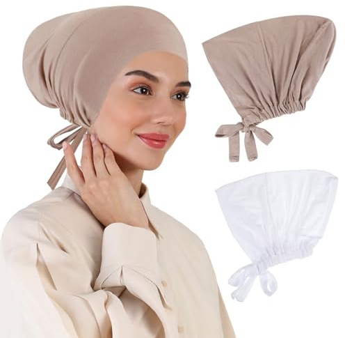 XEPST 2 UDS Mujer Hijab Undercap, Musulmán Islámico Debajo de la Gorra Hijab Underscarf Lazo Cierre Trasero Turbante Envolturas para la Cabeza para Mujer Gorra de Dormir de Quimioterapia, Juego 2