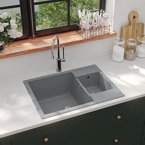Sufrk Lavello da Cucina Doppio con Foro Troppopieno Grigio in Granito,Lavello Cucina,Lavandino Cucina,Lavabo Cucina ad Incasso