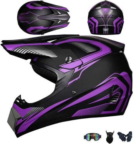 PAESCOY Motocross Casco Integrale con Occhiali UV Maschera Guanti MTB Certificato DOT/ECE - Dirt Bike Offroad Cruiser e Chopper per Uomo Donna, Purple-L