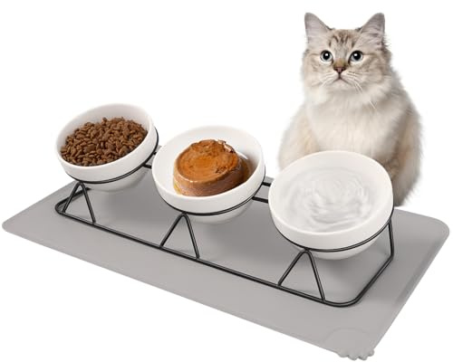 Vikcvcs Katzennapf Erhöht, 3er Set Katzennapf Keramik mit Metallhalter und Napfunterlage Silikon, 15° Geneigter Ergonomisch Futterstation Katzen, Katzen Napfset, Futternapf für Katzen und Kleine Hunde