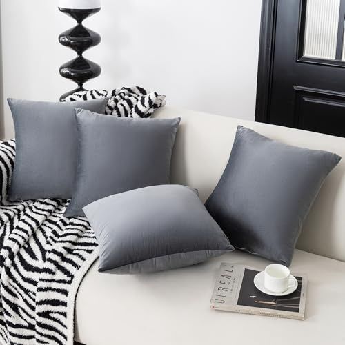 YUMYDG Set of 4 Cushion Covers 45 x 45cm Soft Velvet Modern Double-Sided Dark Gray Pillow Covers design for Living Room Sofa Bedroom Bed Couch Home Decorative Cushion Cover 18x18 Inches