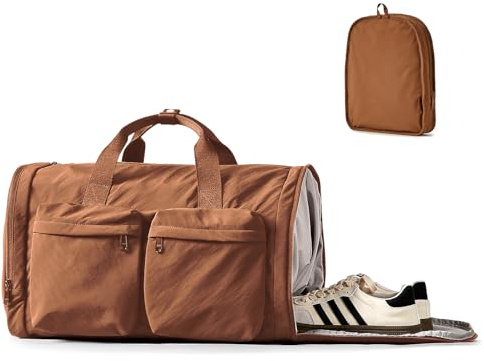 Gym Bag, Faltbare Reisetasche, Sporttasche mit Schuhfach, Trainingstasche für Damen Herren 32 L, Wasserdicht Duffel Bag für Sport, Fitnessstudio, Schwimmen, Weekender (Braun)