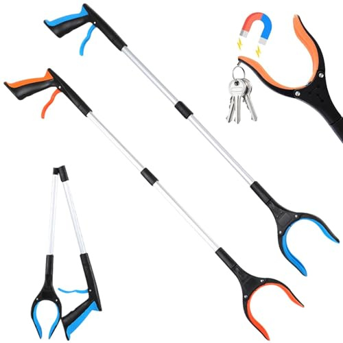 2Pcs Litter Pickers, 32/83 cm Foldable Grabber Stick Magnetic Pick Up Tool for Disabled Elderly, Helping Hand Grabbers with 360°Rotating Head and Magnetic Claw