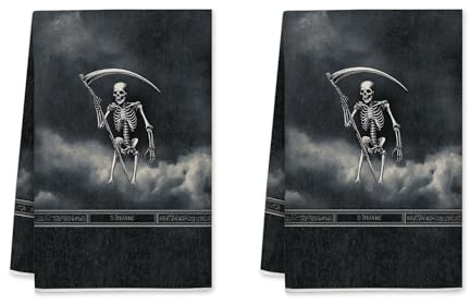 Skeleton Kitchen Towels Set of 2, Halloween Gothic Scythe Clouds Halloween Black Microfiber Quick Dry Kitchen Hand Towels Festive Home Decor 16x24 Inch