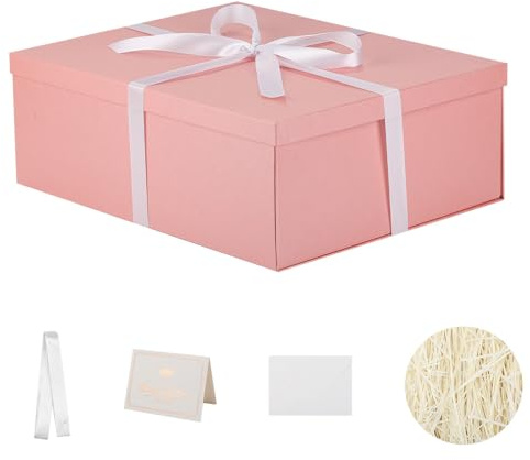 Caja de regalo grande Rosado con tapa 42 x 32 x 15,5 cm, Cajas de Regalo Premium con Tapa y Cinta para Regalos de San Valentín, Navidad Incluye Papel seda triturado Tarjetas sobre