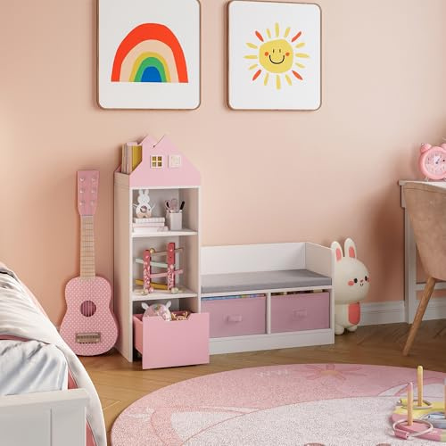 [en.casa] Estantería Infantil Vipsali en Forma de Casa con Banco 4 Compartimentos Abiertos 2 Cajas Plegables 1 Cajón Librería para Niños Niñas 100 x 99 x 30 cm - Rosa/Blanco