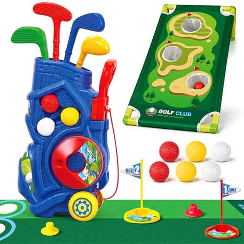 YESHIN Lot de 23 Mini Golf avec Tapis de Putting, Planche de Golf Cornhole, kit de Jeu de Golf avec 4 Clubs de Golf, Chariot de Golf, 12 balles de Golf, Jouet intérieur et extérieur, Cadeau pour