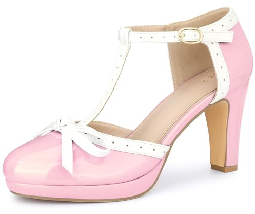 Allegra K Women's Platform Bow Chunky Heels T-Strap Mary Janes Pumps, Pink, 6