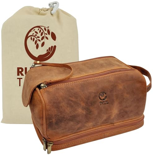 Neceser de Cuero para Hombres - Kit de Afeitado de Viaje - Organizador de artículos de tocador para Ducha de baño - Neceser de Maquillaje y cosméticos para Mujeres de Rustic Town