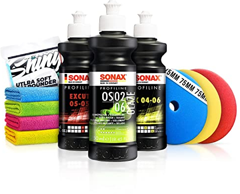 Auto Politur Set: Sonax ExCut 05-05 + Ex 04-06 + OS 02-06 (je 250ml) + Royal Pads Premium Polierpads (Ø75mm) - Zur starken Defektkorrektur und maximalen Hochglanz - Auto polieren | 10-teilig