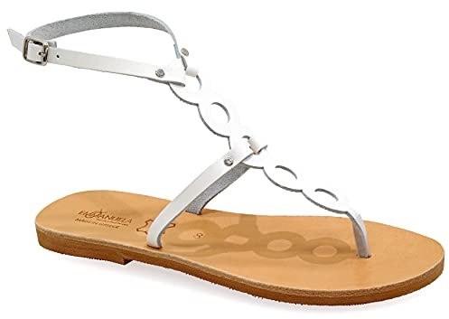 Emmanuela Sandalias planas de piel hechas a mano, zapatos de verano con cortes de pasaje para mujer, sandalias de tiras con puntera partida y correas ajustables, Blanco, 36