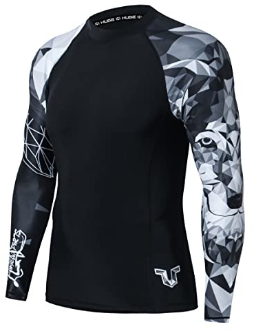 HUGE SPORTS Camiseta de Baño de Manga Larga para Hombres Rashguard de Compresión (Lobo Negro,L)