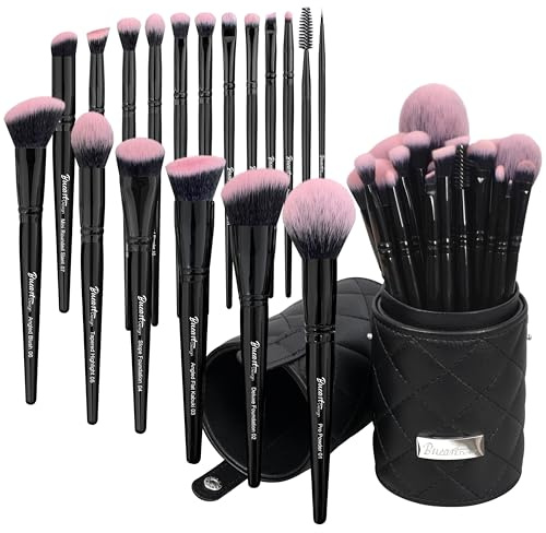 Bueart Design 18Pcs Pro Deluxe Fuchsia Pink Black Makeup Brushes set with Travel Make up Brush Holder case Foundation concealer contour Blush eyeshadow face make up brush set