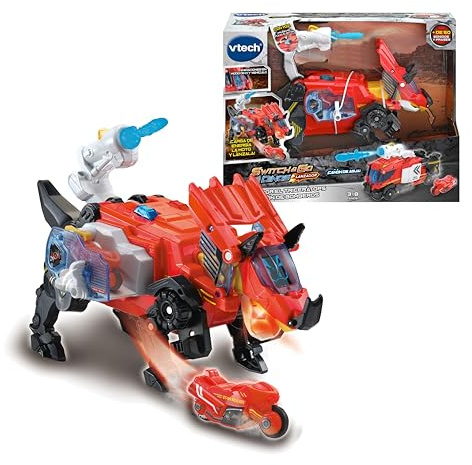 VTech - Switch&Go Dinos, Salvador tricerátops camión de Bomberos, Incluye Moto de Rescate, Cañón de Agua, Juguete transformable 2en1 Dino-Car, para niños +3 años, Exclusivo en Amazon, Versión ESP