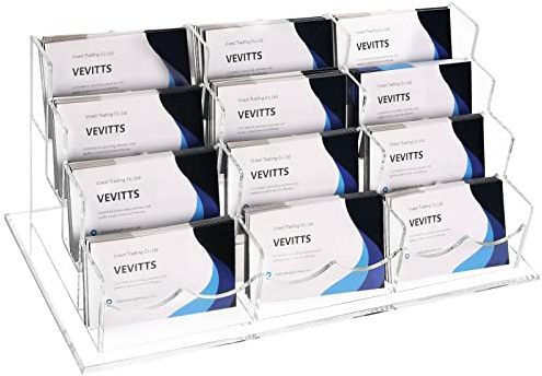 Vevitts Business Acrylic Card Holder Display for Desk, 12 Slots 4 Tiers Multiple-Clear Acrylic Business Card Stand Set, Holds Approximately 600 Cards