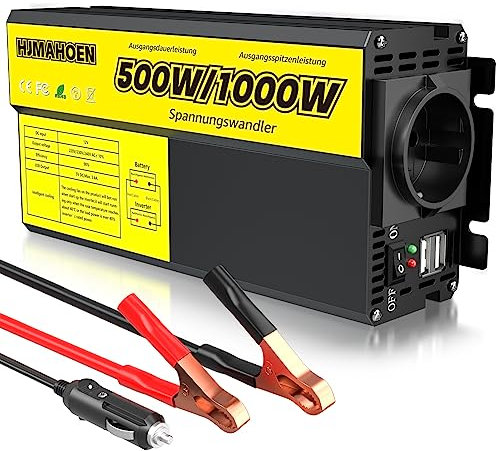 Convertitore di tensione 12v 230v 500W Inverter a onda sinusoidale modificata Convertitore di tensione da 12 V a 230V con presa di corrente e 2 connettori USB per camper, viaggi, campeggio e camion