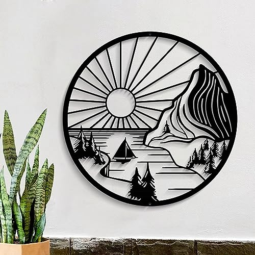 DUOOLN Bergblick Metall Wanddekoration, schwarze Linie Wandbild, rustikale natürliche Wanddekoration, ideal für Garten Home Decor Hängen
