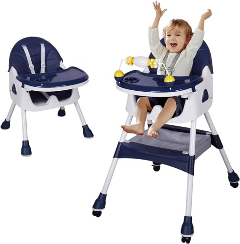 Tronas de Bebé Ajustable Trona Portatil Multifuncional Silla de Comer para Bebé con Plato Desmontable de Cena y Cinturón de Seguridad, 72x60x94CM (azul oscuro)
