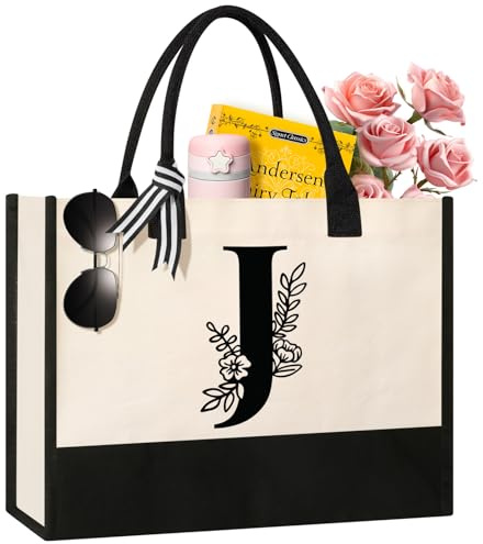 Personalized Initial Canvas Tote Bag, Cosmetic Bags, Suitable for Birthday, Wedding, Beach, Holiday, Great Birthday Gifts for Women, Mom, Teachers, Nurses, Best Friends, Bridesmaids (J)