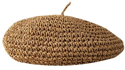 SUNTRADE Damen Strickmütze Baskenmütze Französische Mode Baskenmütze Sommer Stroh Baskenmütze Bennie für Frauen Künstler Crochet Barett, Khaki, Einheitsgröße