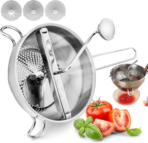 CYSFETENA Stainless Steel Food Masher, Fruit Grinder Manual Food Mill for Tomato Sauce Potato Ricer with 3 Grinding Discs for Puree or Soups of Vegetables, Baby Foods, Canning