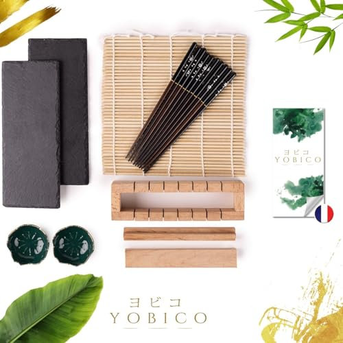 YOBICO Kit Sushi Complet Premium en Bois + 5 Baguettes + 2 Assiettes en Ardoise + Accesoires | Kit a Sushi | Sushi Maker en Bois | Machine a Sushi | Appareil a Sushi | Maki
