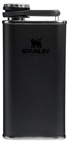 Stanley Classic Easy Fill Wide Mouth Flask 8 oz | Leakproof Hip Flask | Hinge Connected Never Lose Cap | Insulated Stainless Steel Liquor Container | BPA-Free | Black 2.0