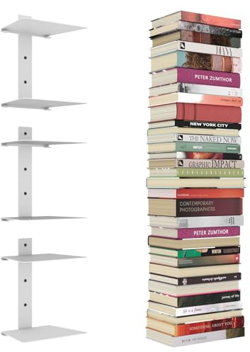 Mefirt Étagère Murale Livre Invisible, 6 Étagères Verticales, Étagère Flottante pour la Décoration de la Chambre, Rénovation de Bureau à Domicile, Lot de 3, Blanc